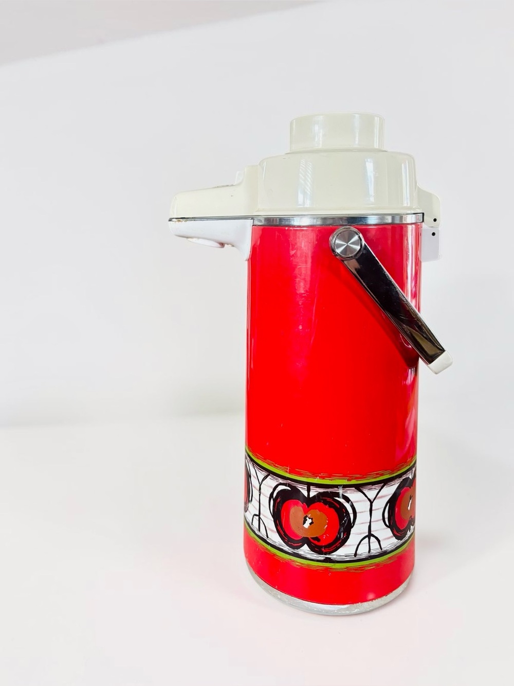 Vintage Japanese Airpot Pump Thermos Red Apple Floral Retro 1970s